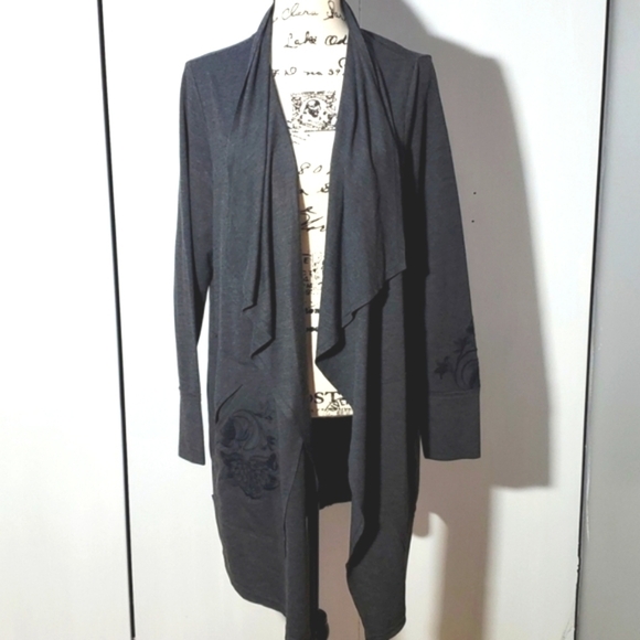 Soft Surroundings Dark Gray Open Cardigan Pockets Embroidered Knit Neutral Sz.L - Picture 1 of 7